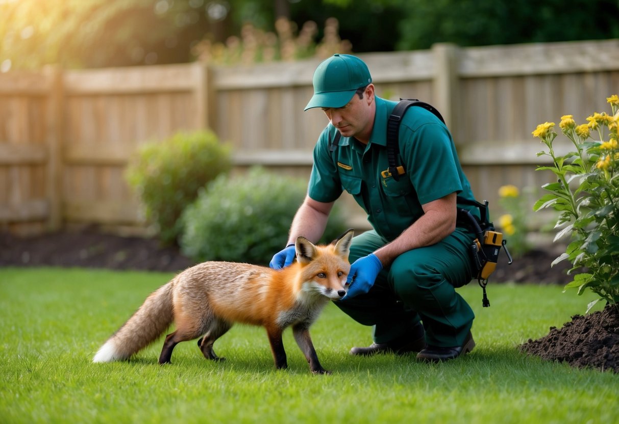 A wildlife control expert removing a fox den from a garden