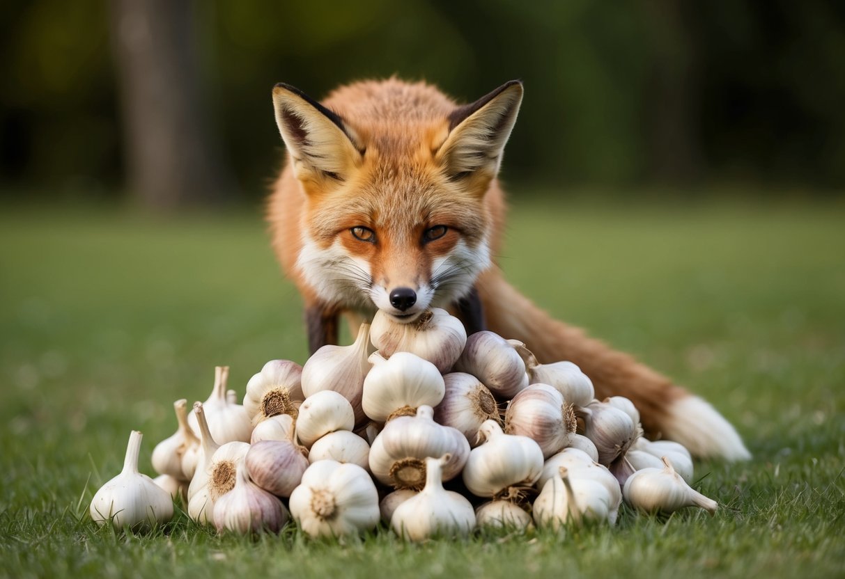 A fox recoils from a pile of garlic bulbs, wrinkling its nose in disgust