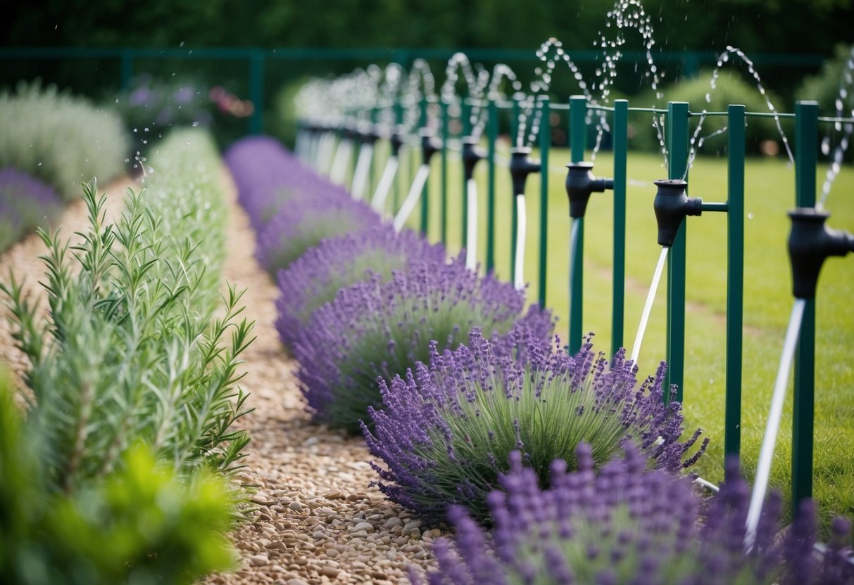 A garden lined with strong-smelling plants like lavender and rosemary, with tall fences and motion-activated sprinklers