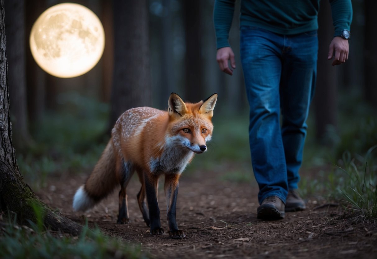 A fox follows a person through a moonlit forest, its eyes gleaming with curiosity and its sleek red fur blending with the shadows