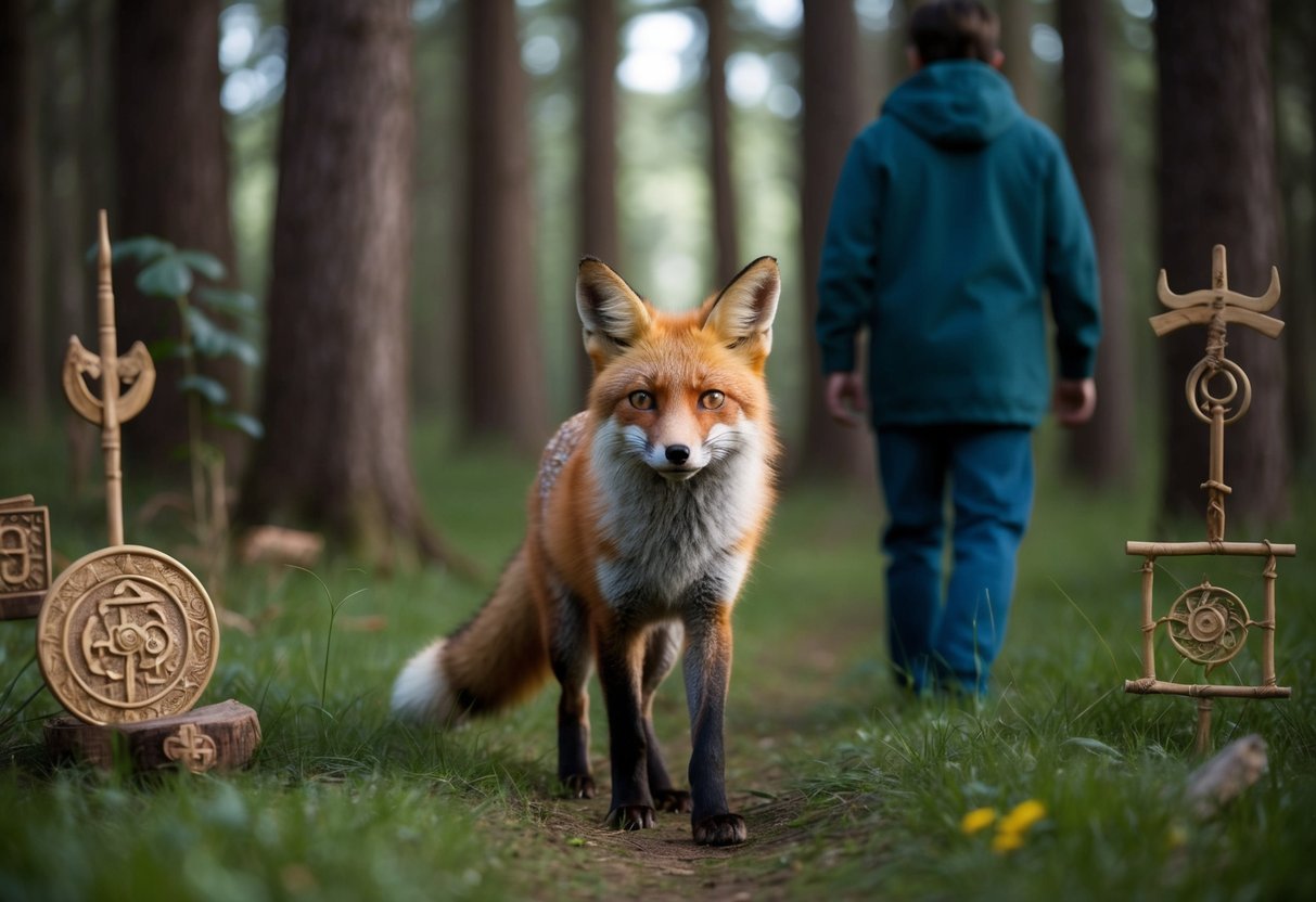 A fox with bright, intelligent eyes follows a person through a mystical forest, surrounded by ancient symbols and artifacts