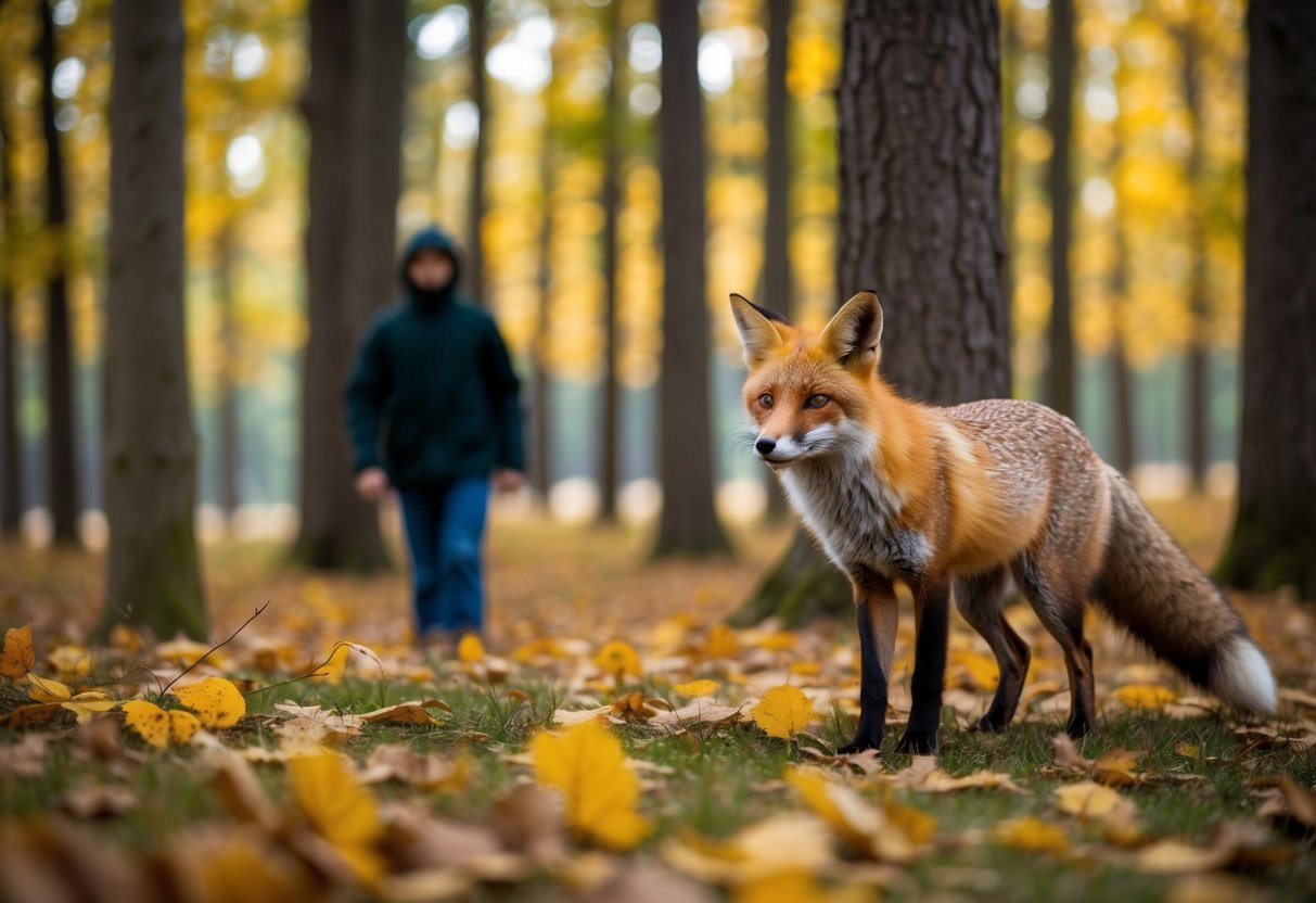 A fox follows a lone figure through a dense forest, its golden fur blending with the autumn leaves as it watches from a safe distance