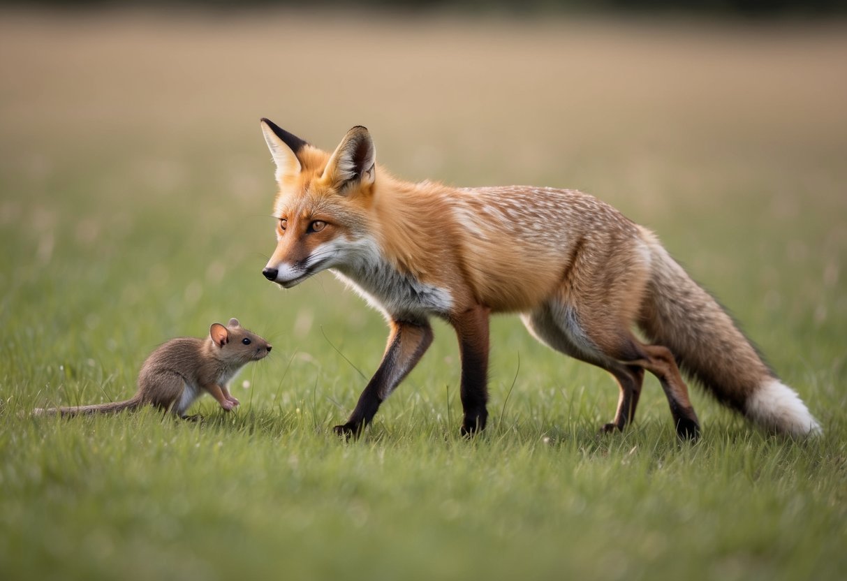 A fox stalking a field mouse in tall grass