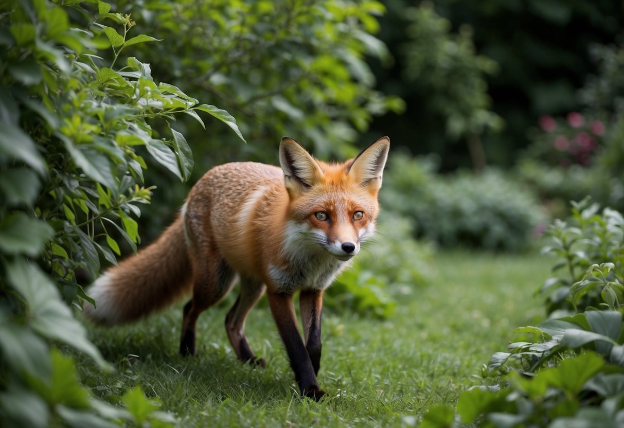 A red fox prowls through a lush, overgrown garden, its keen eyes searching for prey among the tangled foliage
