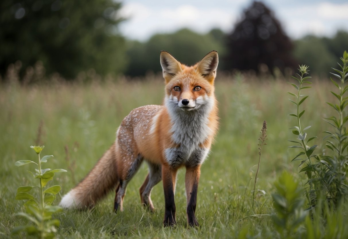 A fox standing in a field, with a curious expression on its face, surrounded by various plants and trees
