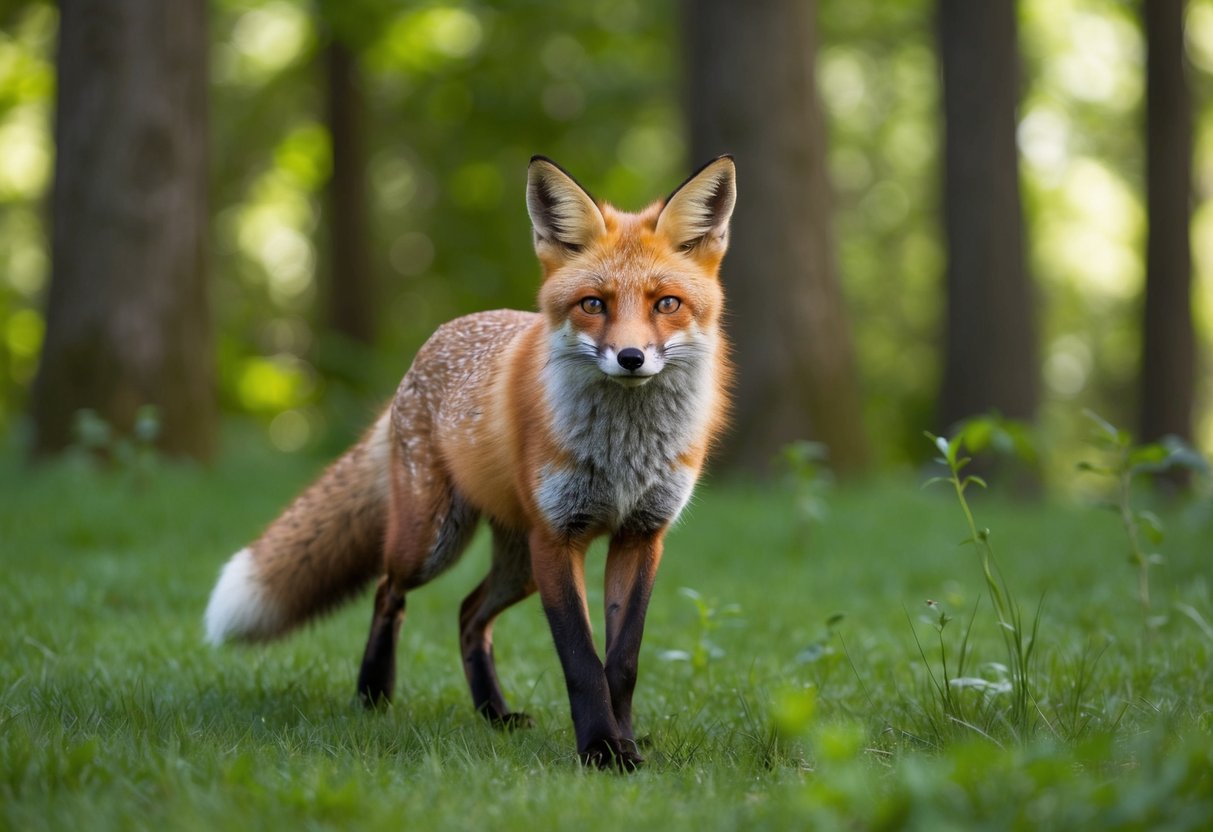 A red fox prowls through a lush forest, its keen eyes scanning for prey. The creature's sleek fur and alert posture convey a sense of cunning and stealth