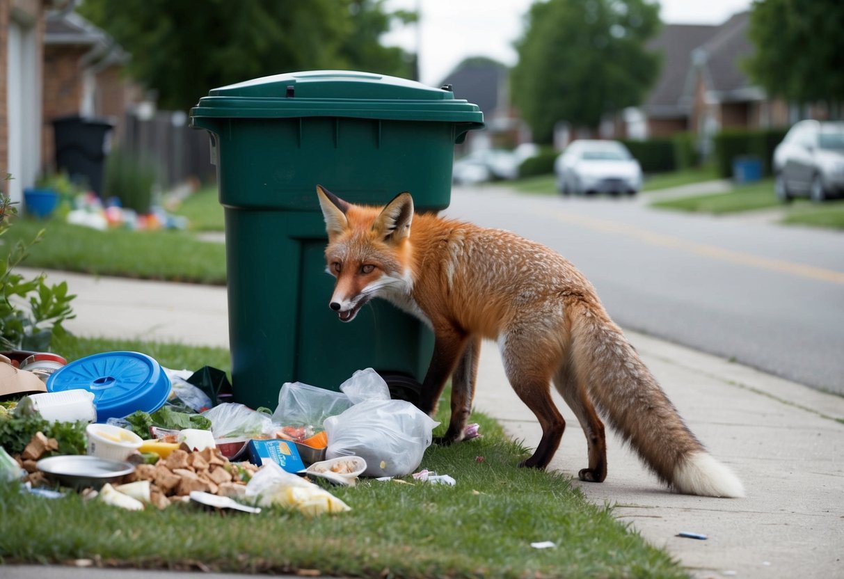 A fox rummages through a trash can in a suburban neighborhood, with discarded food and household waste scattered around