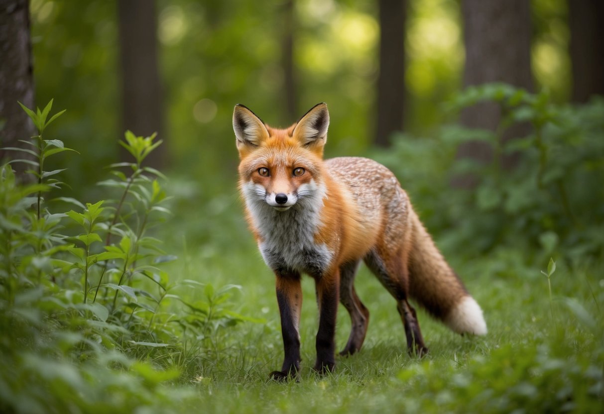 A red fox stands in a lush forest, its sharp eyes scanning the surroundings as it moves stealthily through the underbrush