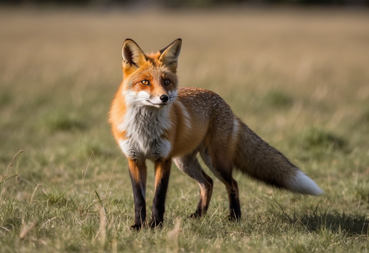 A fox standing in a field, its bright orange fur illuminated by the sun. It looks around, alert and curious, as it moves through the grass