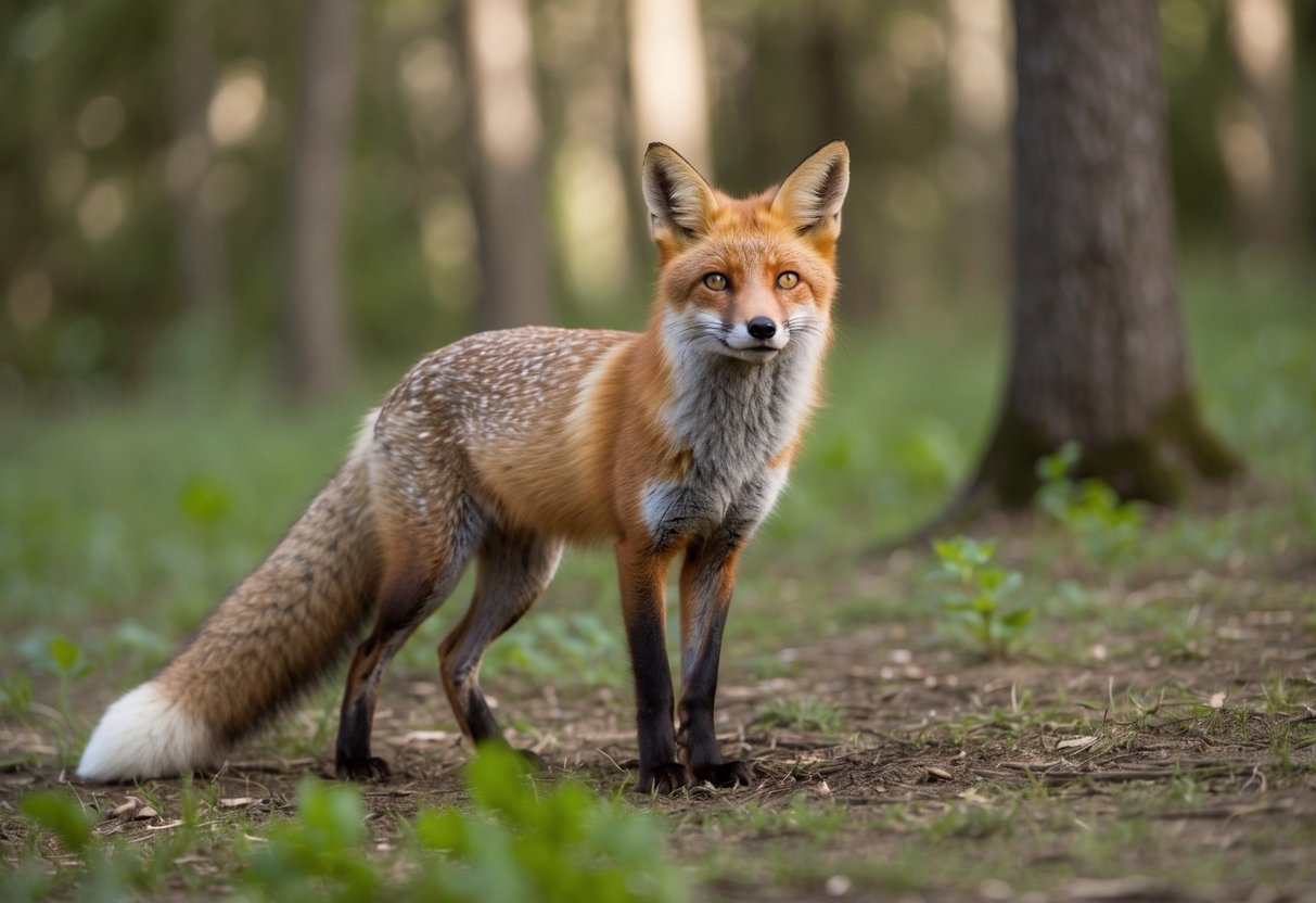 A fox in a wooded area, standing alert with its ears perked up and its tail raised, looking around cautiously