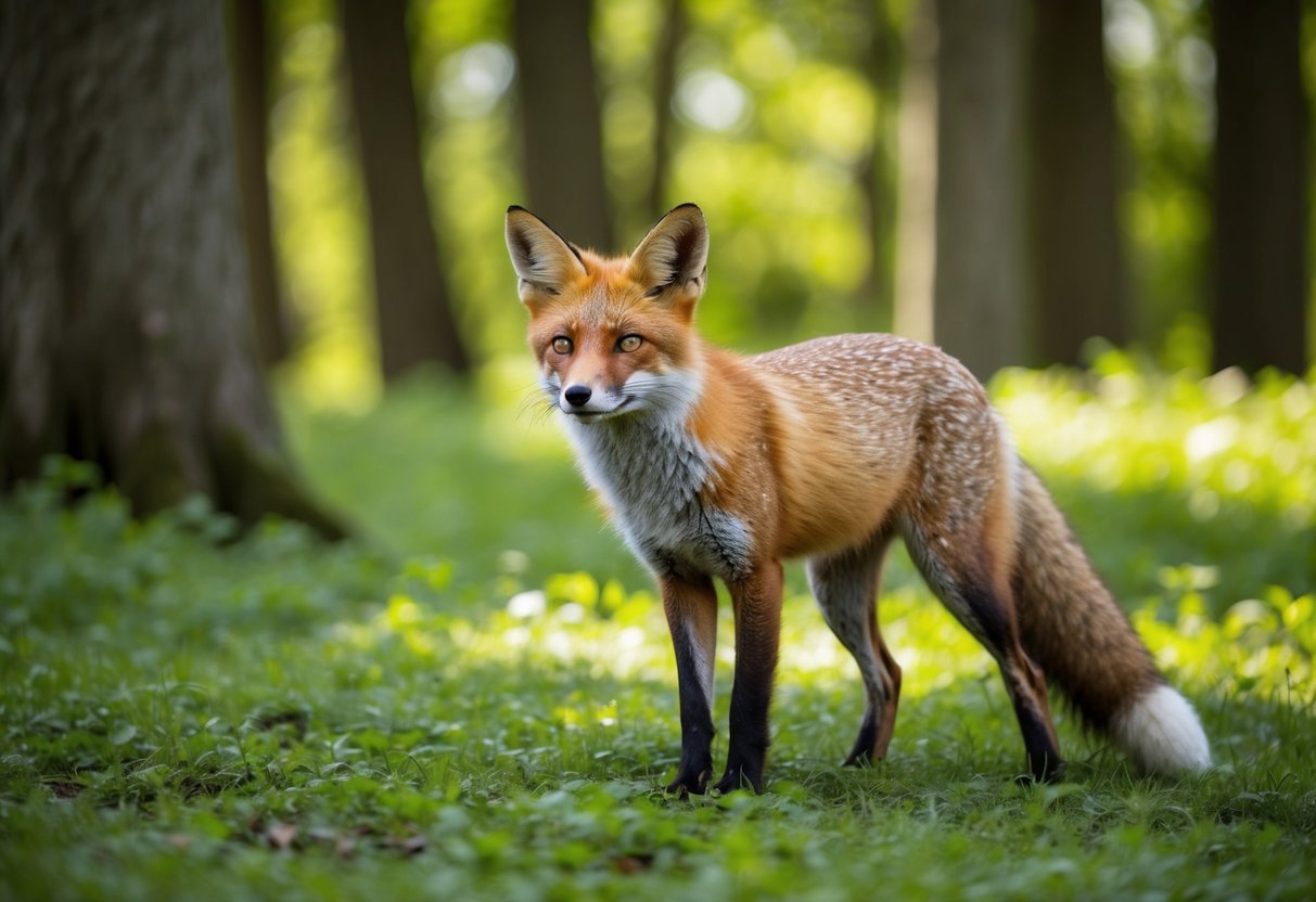 A fox standing in a lush green woodland, its alert gaze fixed on something in the distance. The sun filters through the trees, casting dappled shadows on the forest floor
