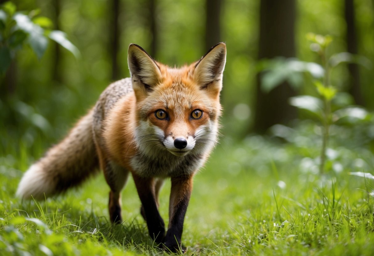 A fox cautiously emerges from a lush, green forest, its bright eyes scanning the surroundings as it sniffs the air for any signs of danger