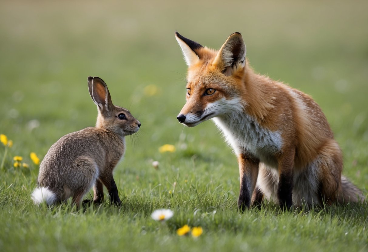 A fox and a rabbit peacefully sharing a meadow, with the fox following the rabbit at a respectful distance