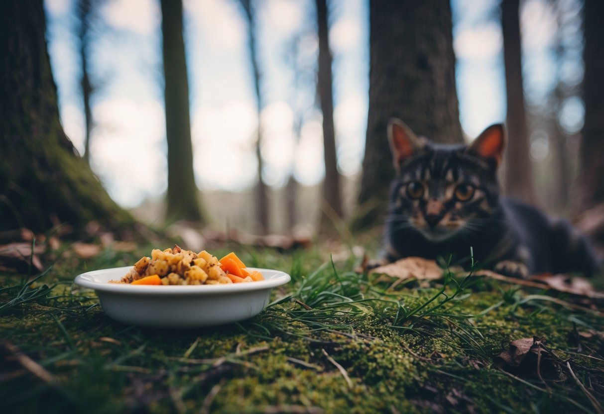 A small dish of leftover food placed on the ground near a wooded area, with a pair of bright eyes watching from the shadows