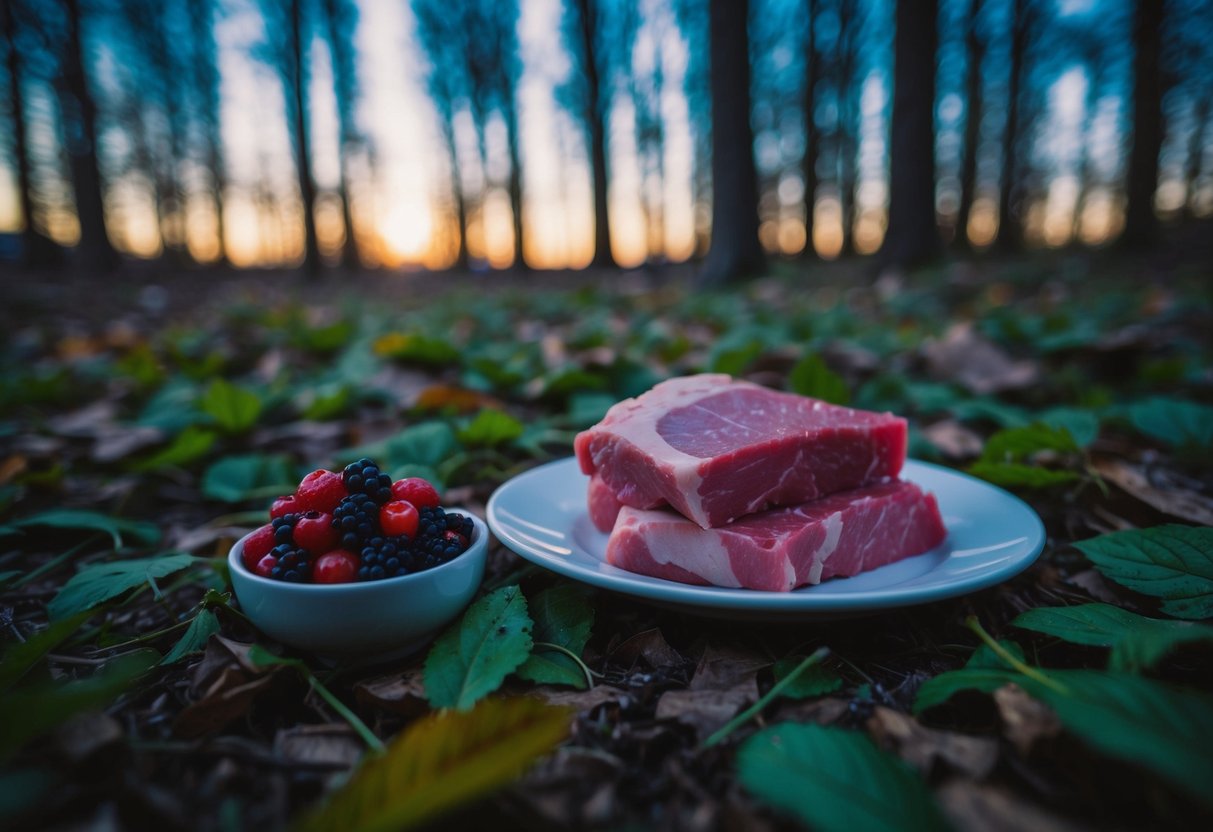 A small dish of berries and a pile of raw meat left on the forest floor at dusk