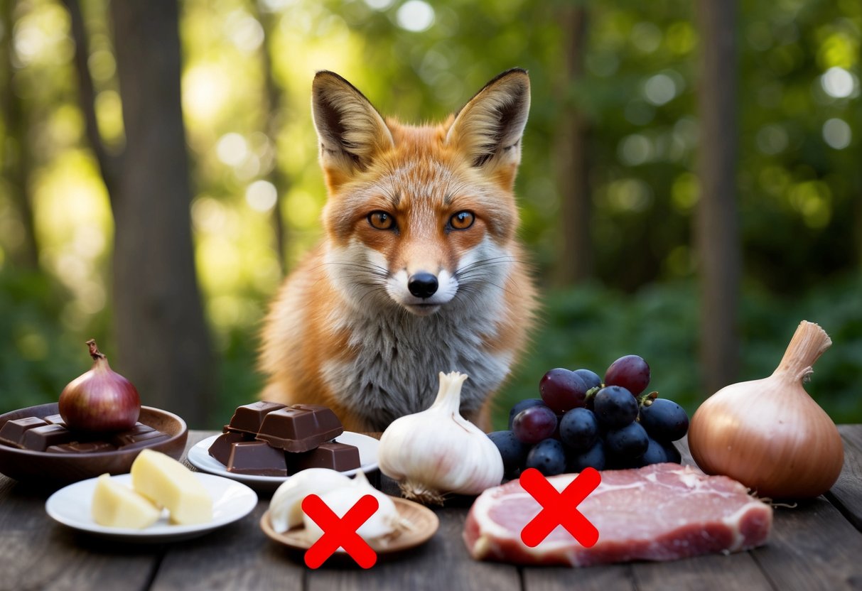 A fox surrounded by a variety of foods including chocolate, onions, garlic, grapes, and raw meat, with a red X over each item