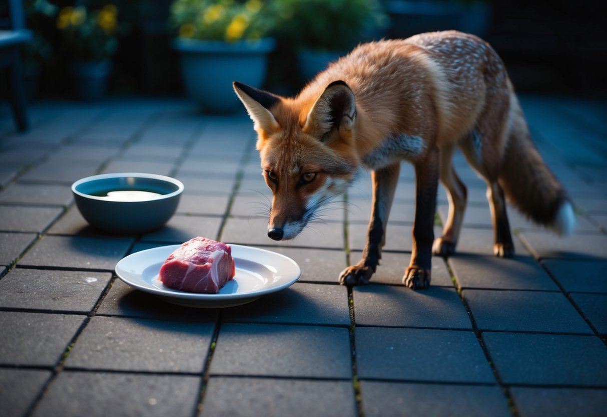 A small dish of raw meat and a shallow bowl of water left out on a moonlit garden patio, with a cautious fox cautiously approaching