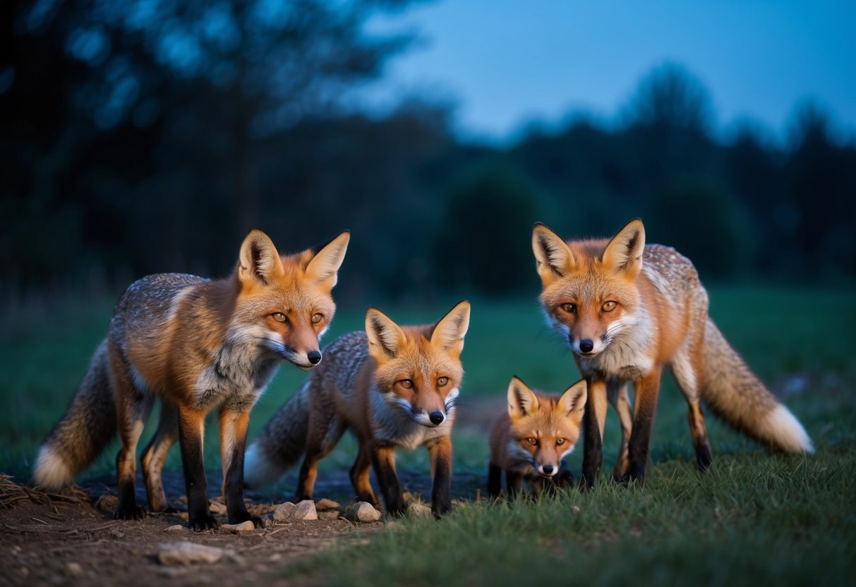 At dusk, a family of foxes emerges from their den, cautiously sniffing the air before venturing out to hunt for food in the dimming light