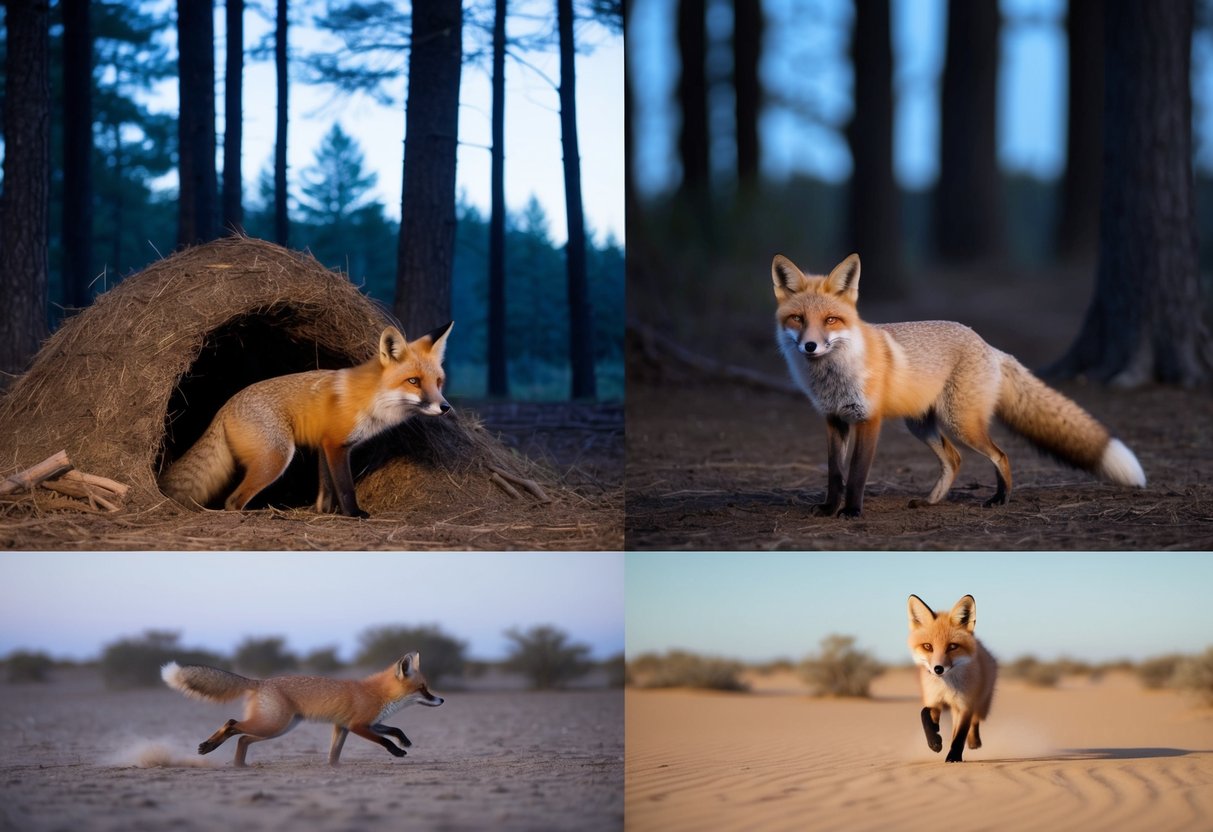 A red fox emerges from its burrow at dusk in a dense forest, while a kit fox scampers across the open desert at dawn