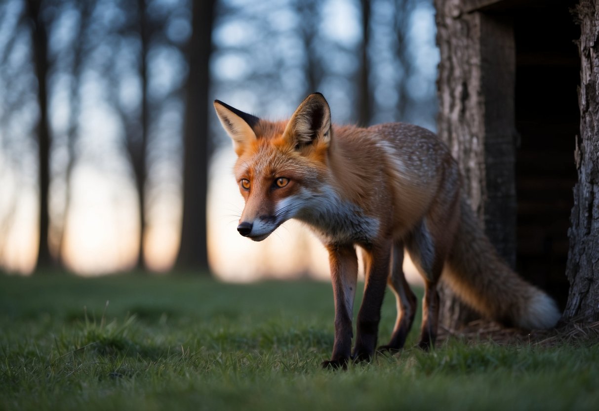 A fox emerges from its den at dusk, sniffing the air before venturing out to forage for food
