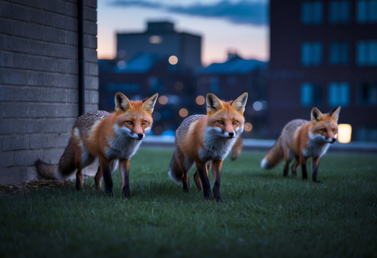 At dusk, foxes emerge from their dens in the urban landscape, navigating between buildings and scavenging for food