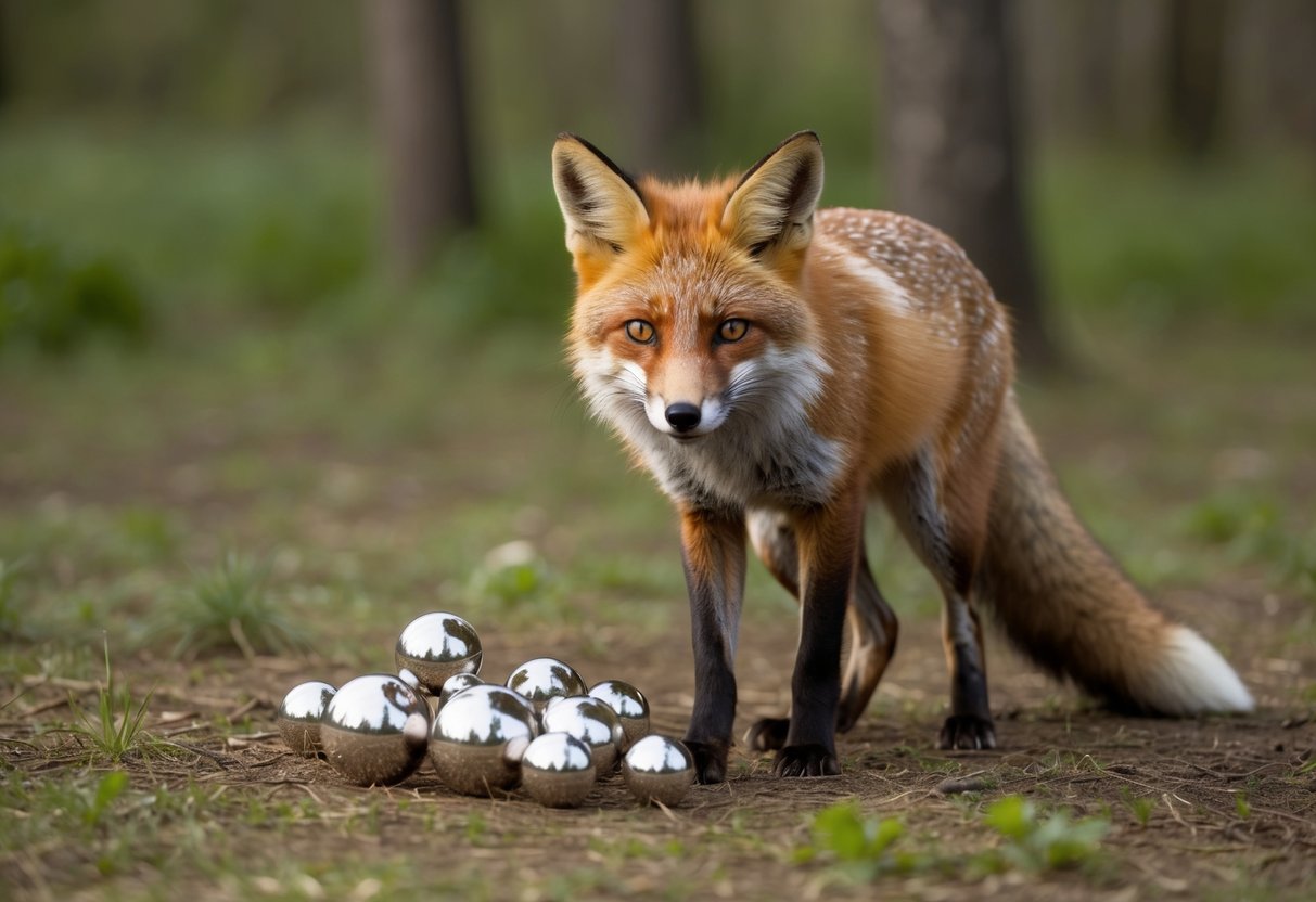 A fox gathering shiny objects in a forest clearing