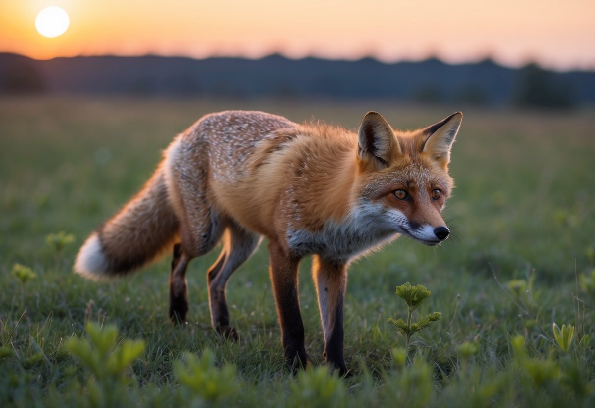 A fox emerges from its den at dusk, the setting sun casting a warm glow on the surrounding meadow