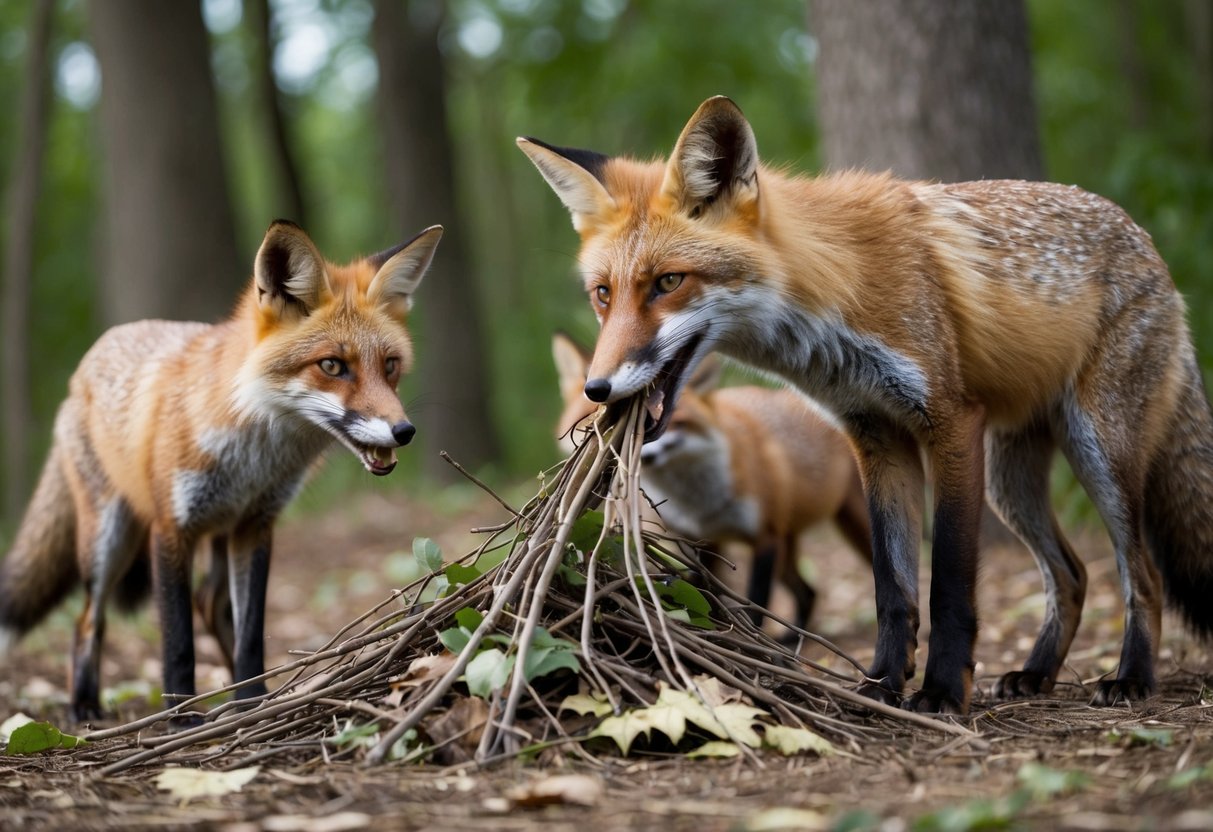A fox gathers twigs and leaves in its mouth, creating a small pile near its den entrance. Other foxes observe and occasionally add to the collection