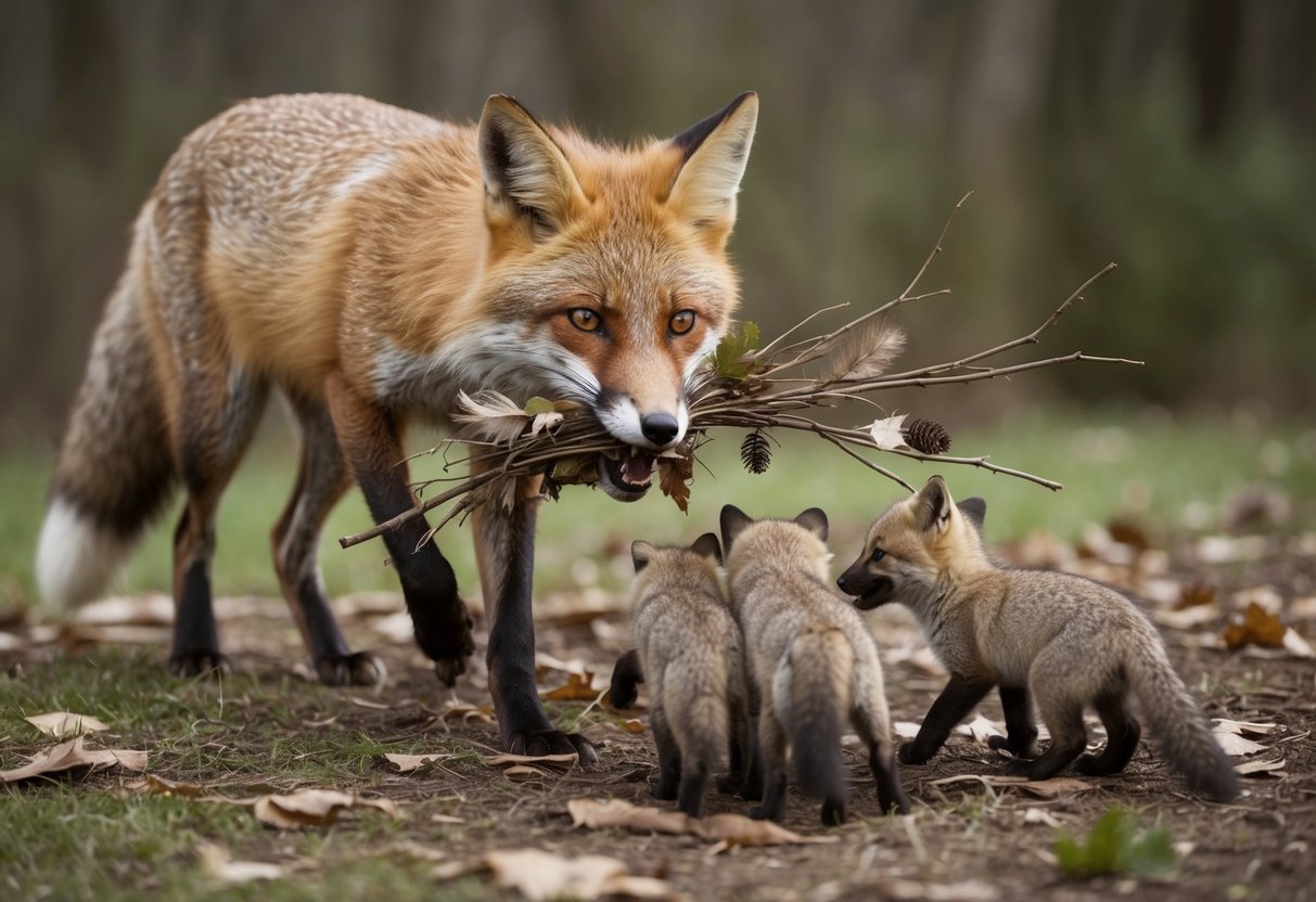 A fox gathers twigs, leaves, and feathers in its mouth, carrying them back to its den where a litter of young kits eagerly awaits