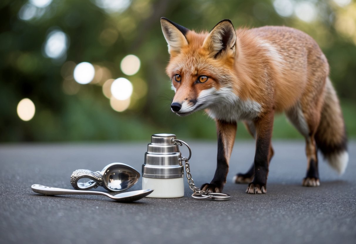 A fox stands near a collection of shiny objects, including a keychain, a spoon, and a piece of jewelry
