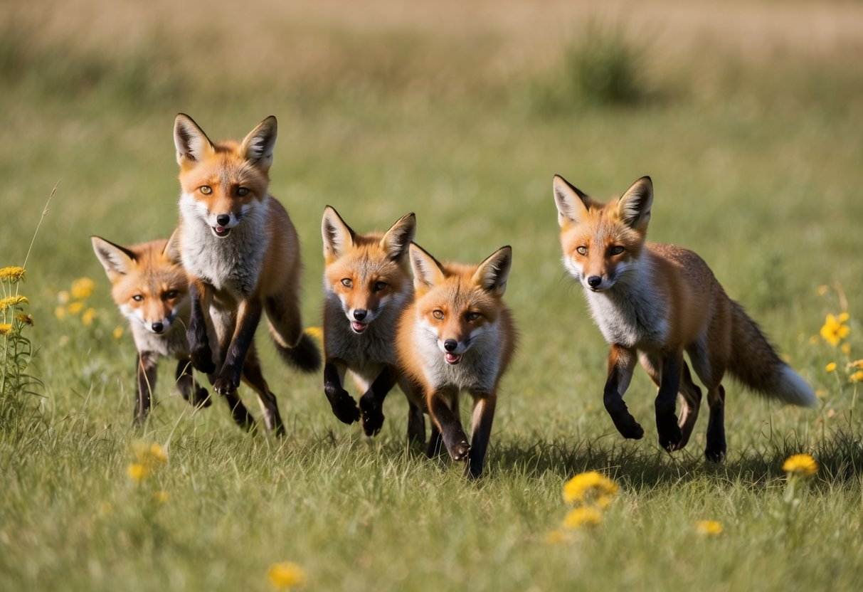 A group of foxes frolic and play in a sun-dappled meadow, chasing each other and leaping through the tall grass