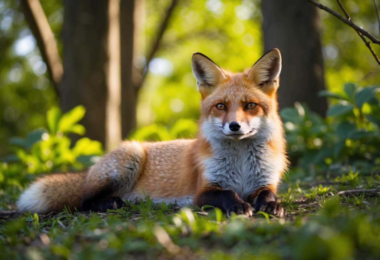 A red fox lounges in a lush, wooded habitat, basking in the warm sunlight filtering through the trees. Its keen eyes scan the surroundings, alert for any signs of prey or danger
