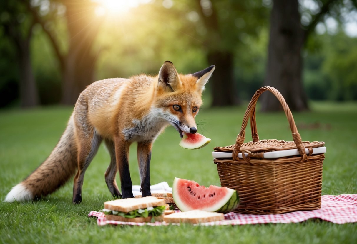 A fox sniffs around a picnic basket, eyeing a pile of discarded sandwiches and fruit. The sun shines through the trees as the fox eagerly munches on a slice of watermelon