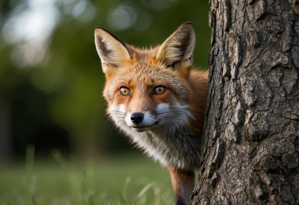 A fox cautiously peeks out from behind a tree, its eyes wide and alert
