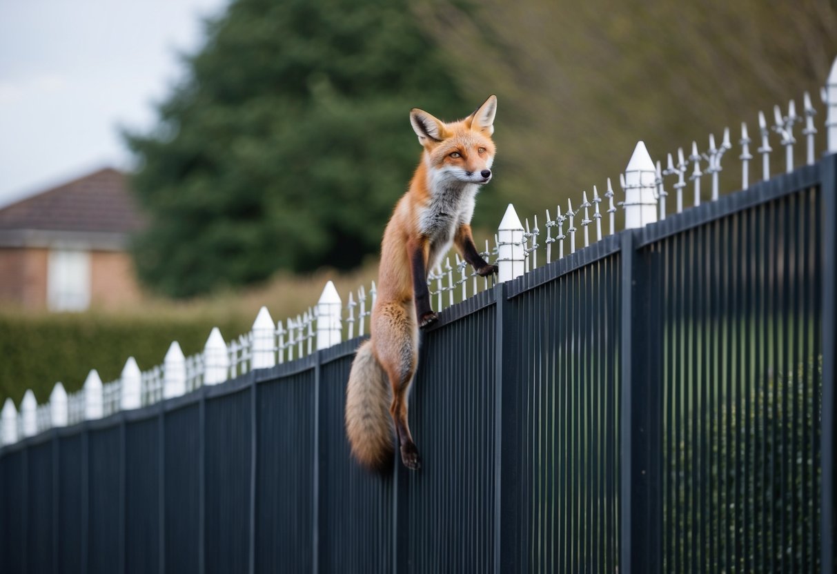 A tall fence with angled top spikes surrounds a property. A fox is seen attempting to climb the fence but is unable to reach the top due to the spikes