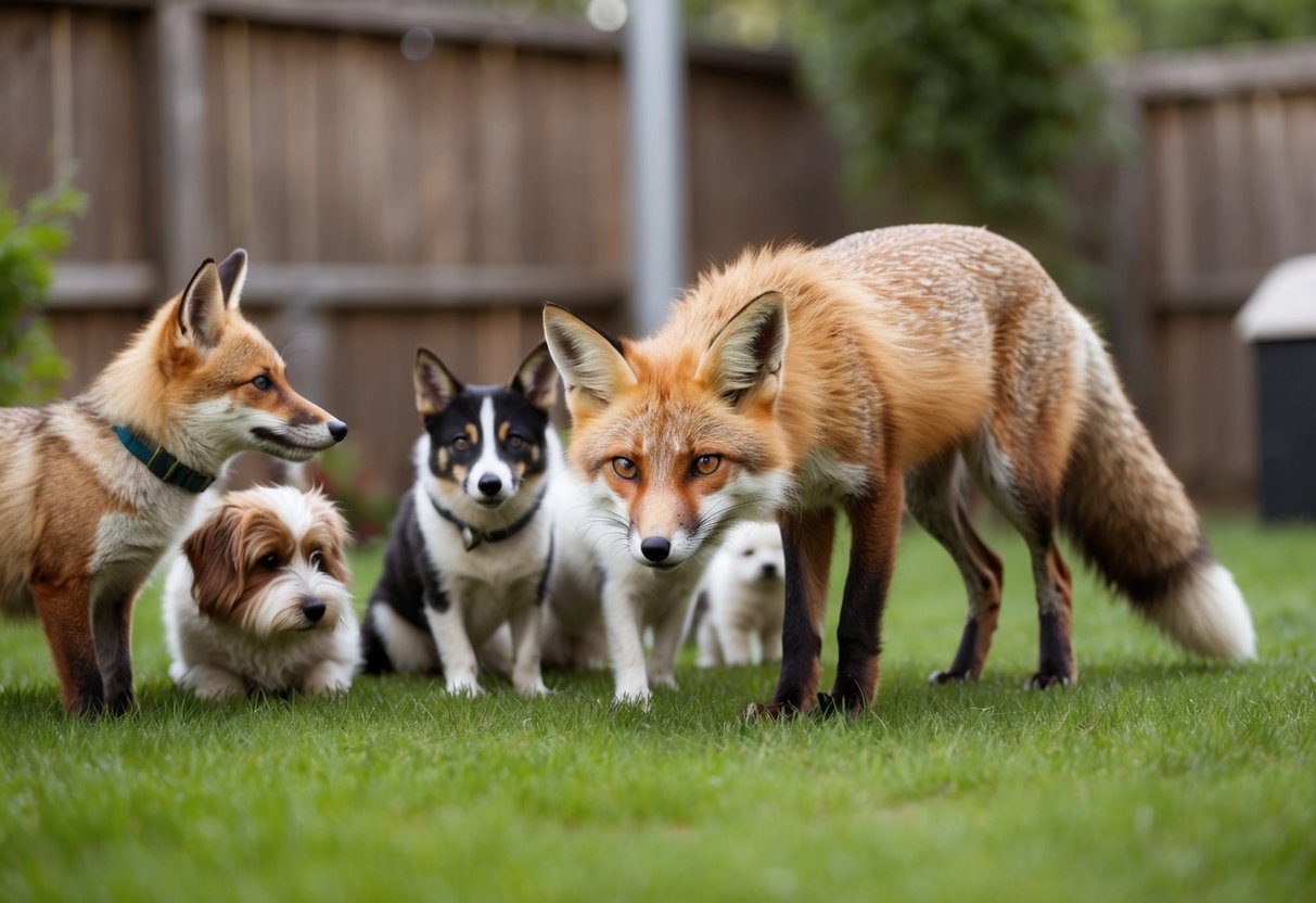 A curious fox cautiously approaches a group of domestic pets in a backyard setting