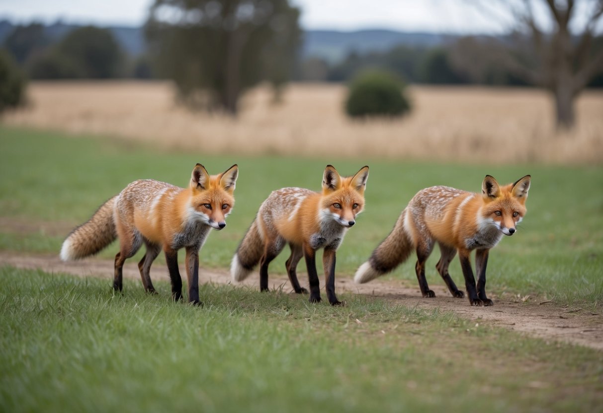A family of foxes roam around a rural property, their curious eyes scanning the surroundings