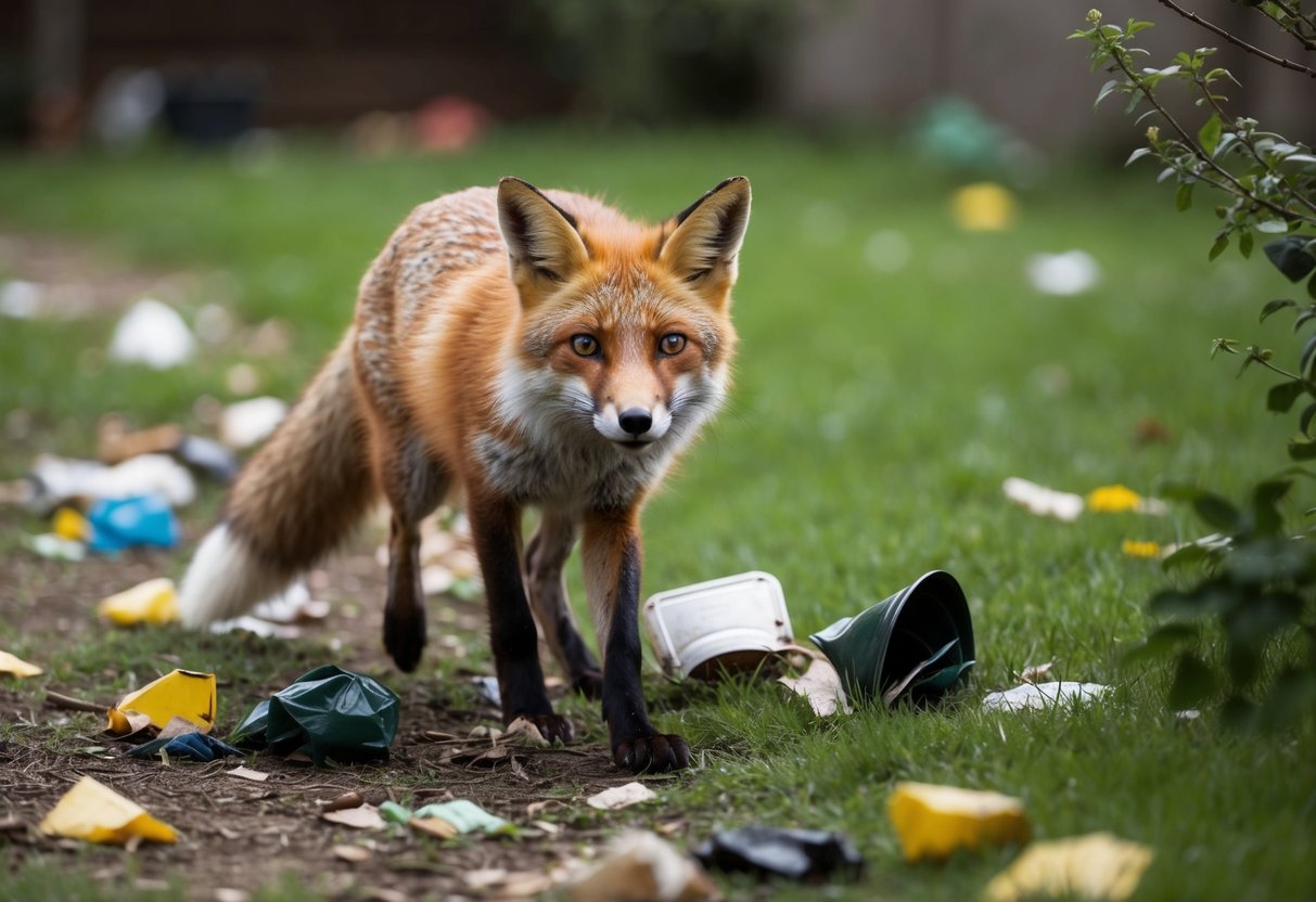 A fox sneaks through a garden, scattering trash and causing chaos
