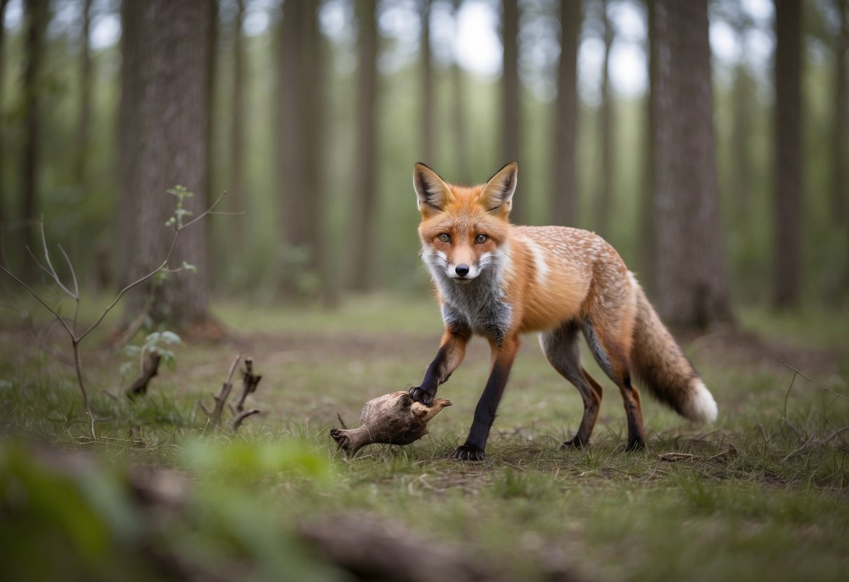 A fox hunting for prey in a dense forest, showcasing its role as a predator in the ecosystem
