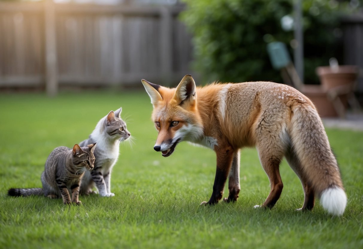 A fox approaches a small dog and a cat in a backyard. The small dog and cat are cautiously watching the fox as it eyes them hungrily