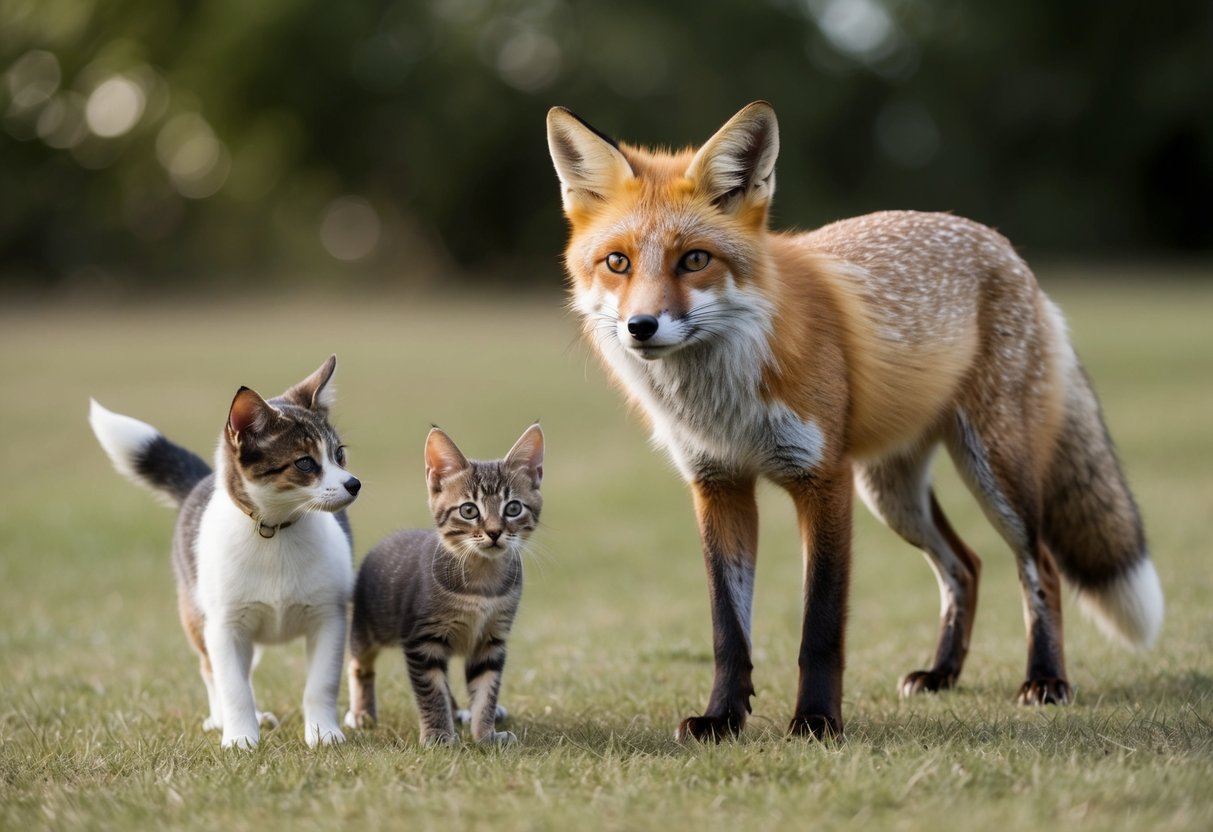 A fox standing near a small cat and dog, with a curious and alert expression on its face