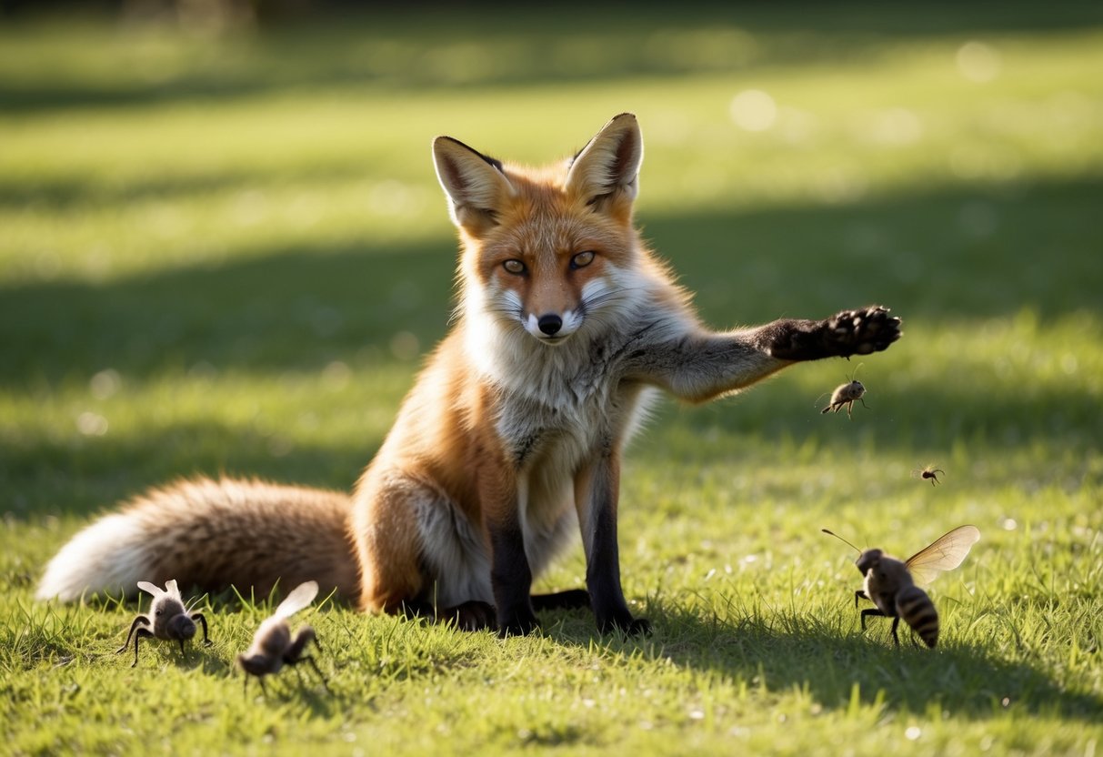 A fox lounges on a sun-dappled patch of grass, stretching and grooming itself like a cat, while playfully chasing and pouncing on insects like a dog