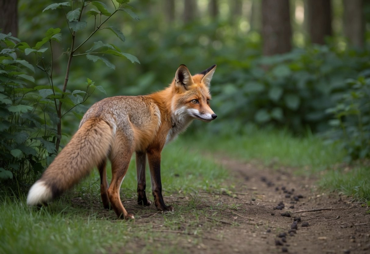 A forest clearing with a startled fox looking over its shoulder, surrounded by dense foliage and a vanishing trail of footprints