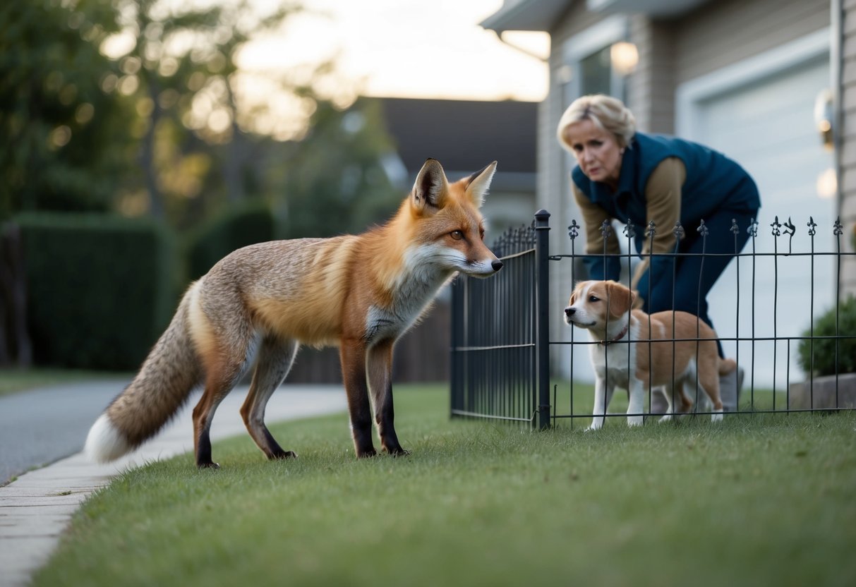 A fox prowls near a cozy suburban home, eyeing a small cat and dog through a fence, as the worried pet owner looks on