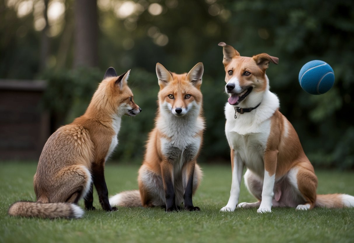 A fox sits between a cat and a dog, observing both. The cat is grooming itself, while the dog eagerly awaits a thrown ball