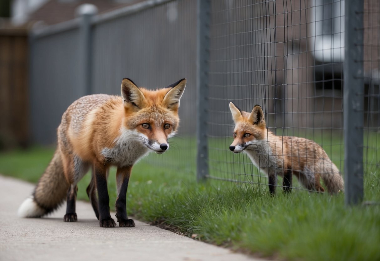 A fox lurking near a suburban backyard, eyeing a small pet through a fence
