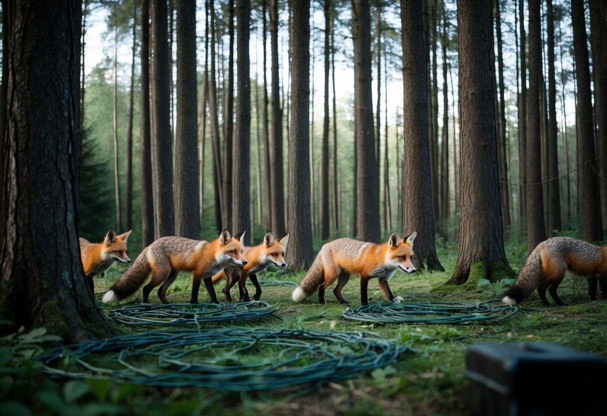A dense forest with a family of foxes disappearing into the shadows, while traps and snares are scattered nearby