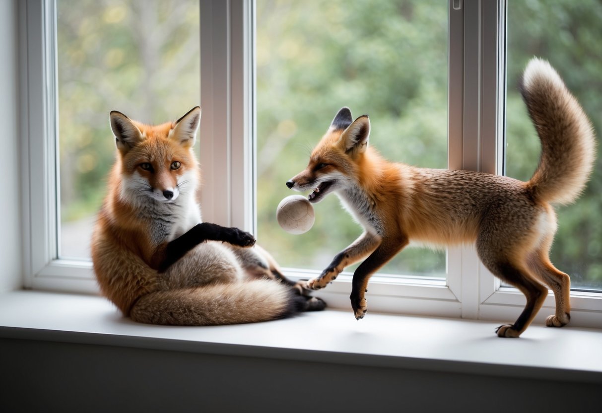 A fox lounges on a windowsill, stretching like a cat. Another fox playfully chases a ball, resembling a dog