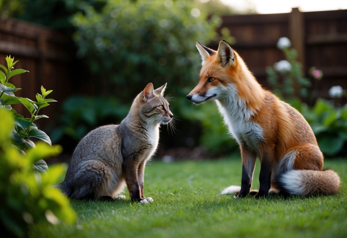 A fox and a cat peacefully coexist in a lush garden, both cautiously observing each other from a safe distance