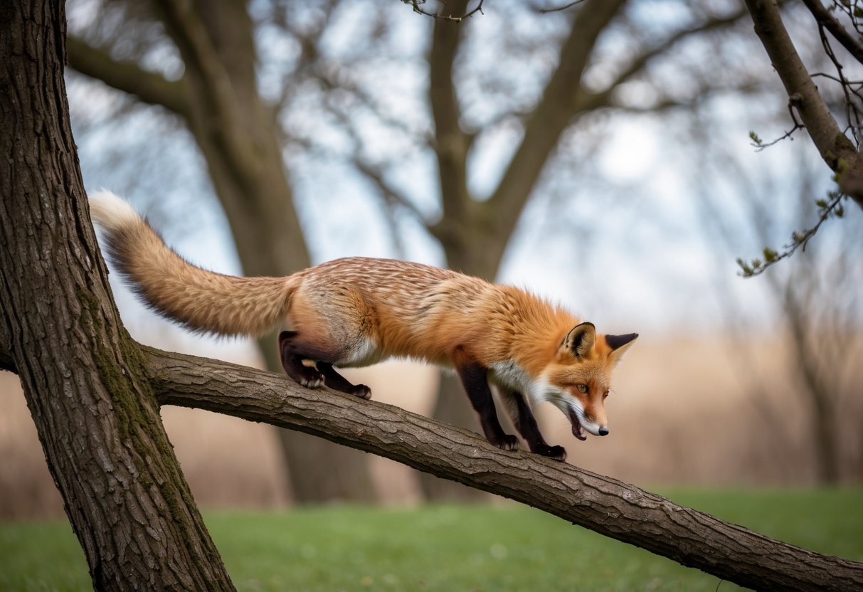 A fox lounges on a tree branch, stretching like a cat, while playfully chasing its tail like a dog